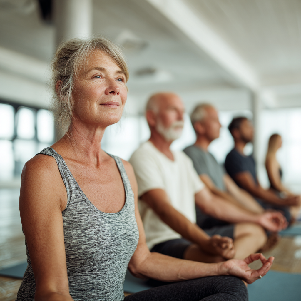 Group of mature adults practicing yoga together in bright, peaceful studio space
