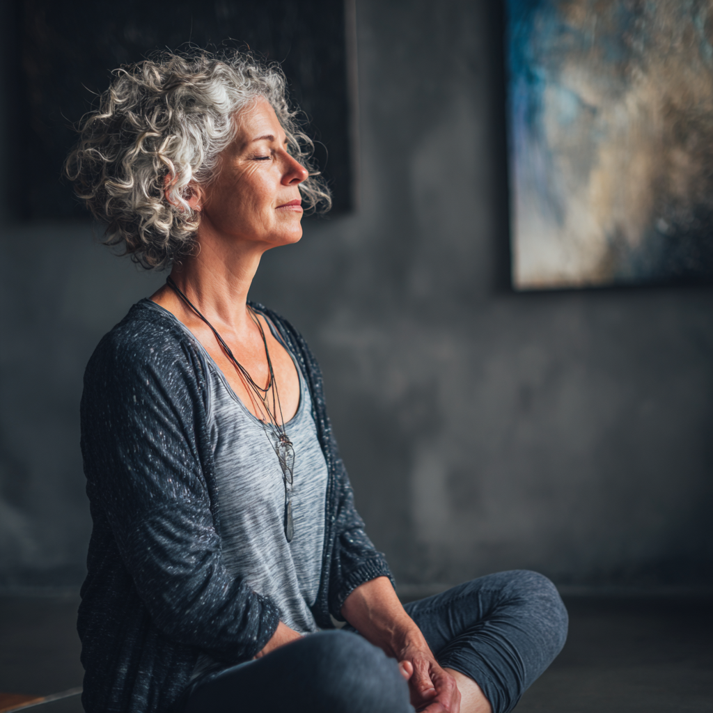 Middle-aged woman practicing mindful meditation in peaceful studio environment
